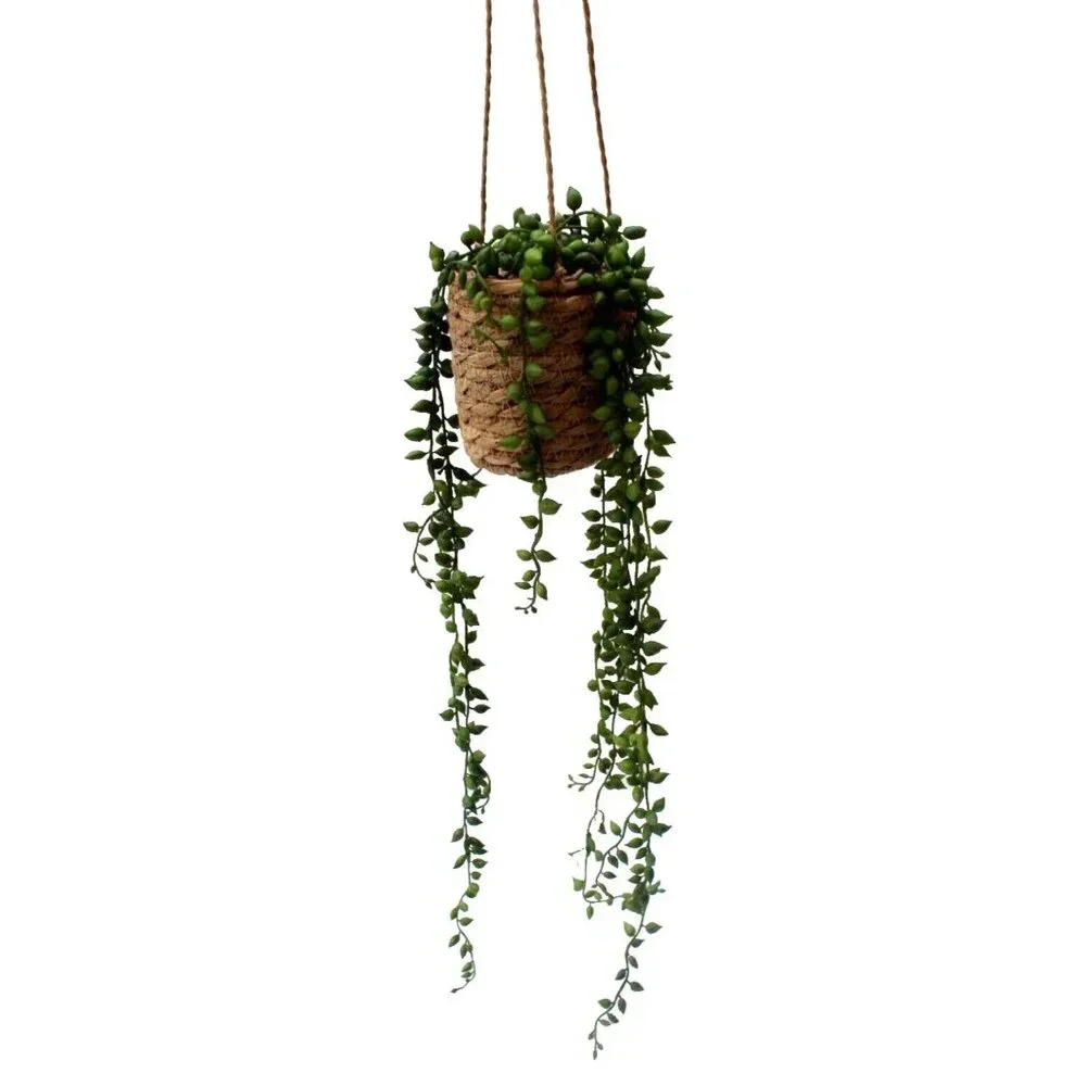 New BOHO Wicker Vase W/ Rocks Fake Hanging Plant Artificial Beaded Succulent